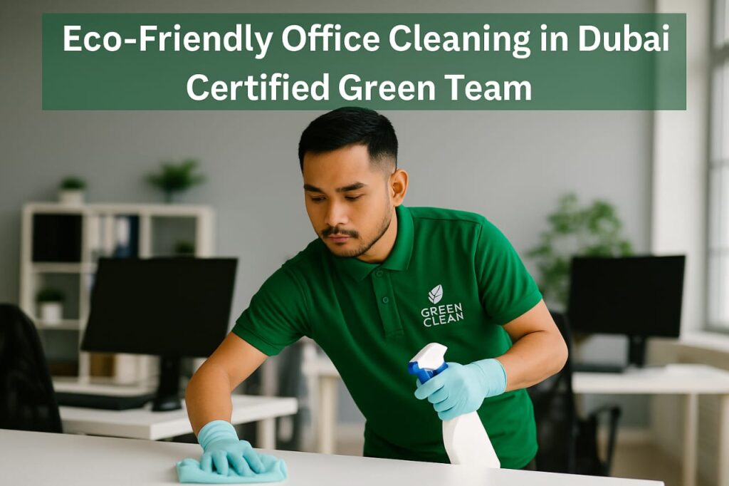 Eco-friendly office cleaning in Dubai by a certified green team member wearing a green polo shirt and gloves.