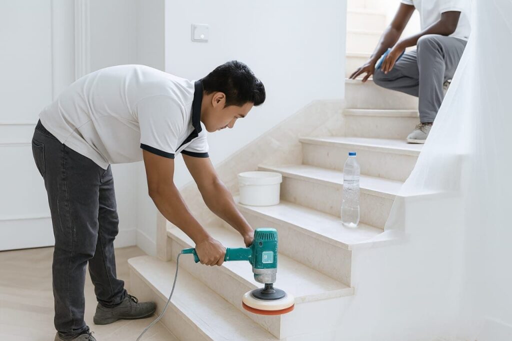 professional cleaners polishing marble staircase using machine, eco-friendly cleaning services in dubai.