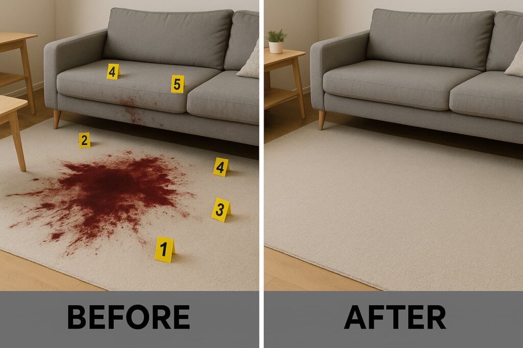 Before and after crime scene cleaning showing blood-stained carpet restored to spotless condition