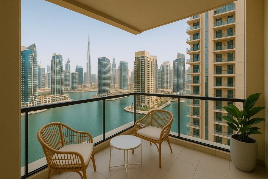 Dubai balcony cleaned with eco-friendly methods overlooking skyline