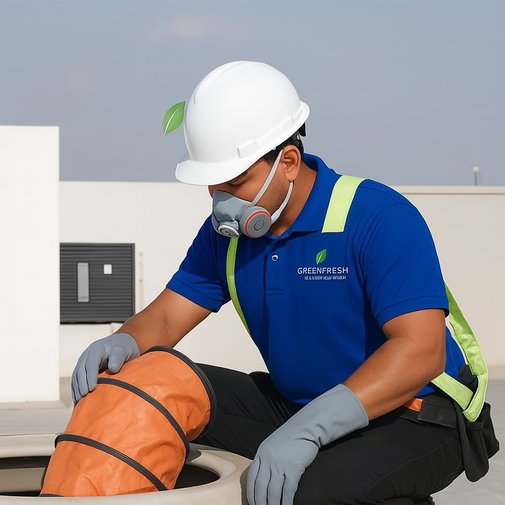 Water tank cleaning technician wearing safety gear and inserting ventilation pipe into tank