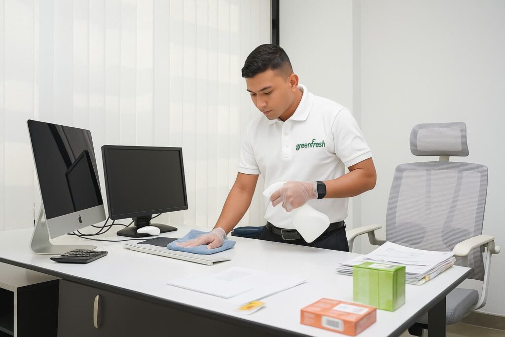 Office boy cleaning desk and office table — professional office support service in Dubai by Green Fresh Cleaning Services