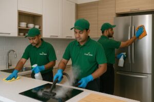 Bangladeshi green cleaning team steam disinfecting a villa kitchen in Dubai