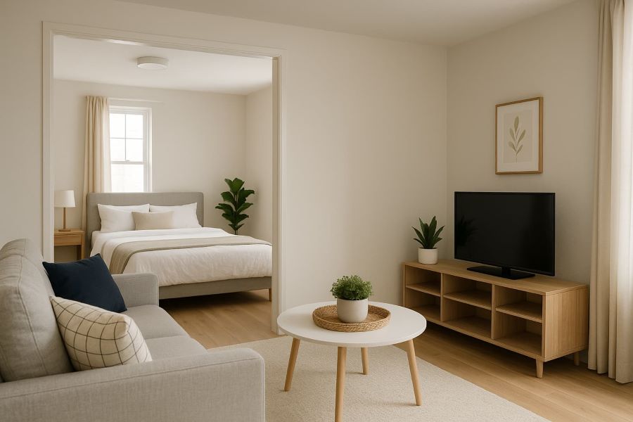 Eco-friendly steam deep cleaning in modern Dubai bedroom and living room.