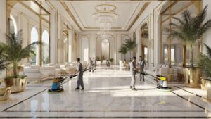 Worker polishing luxury marble floor inside Dubai villa lobby.