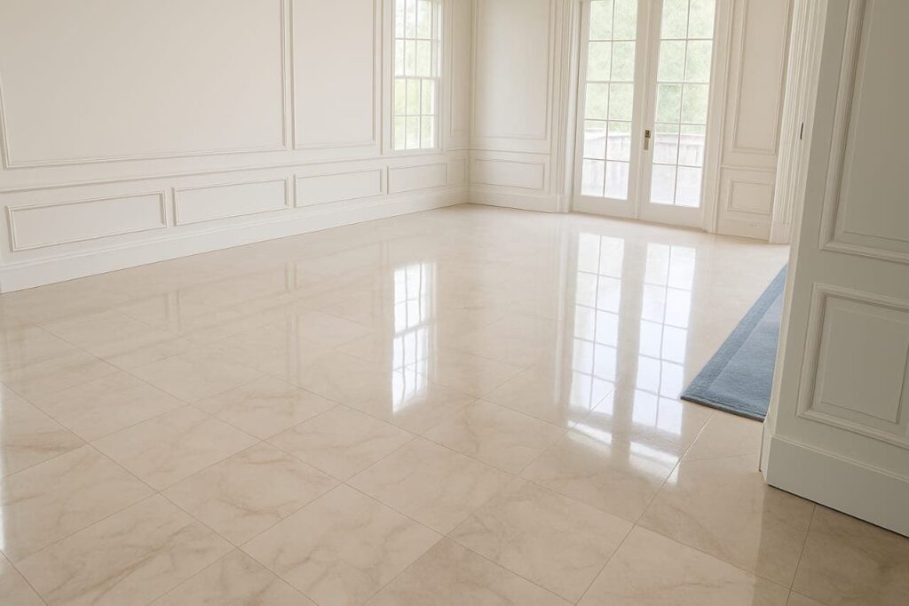 Glossy marble floor reflecting sunlight