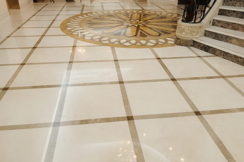 Polished marble floor in a luxury room with natural light reflection, Professional Marble Polishing and Restoration Services in Dubai. green fresh