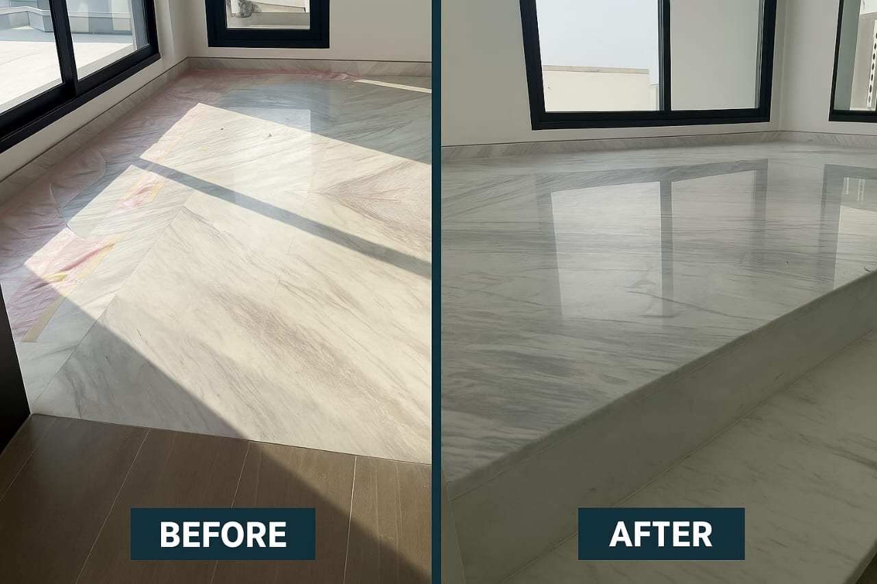 Before and after marble polishing in Dubai