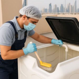 Technician cleaning apartment water tank in Dubai