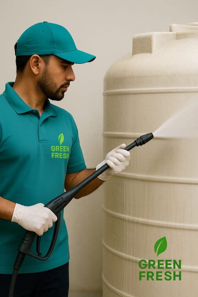 Water tank being cleaned with pressure washer by Green Fresh technician
