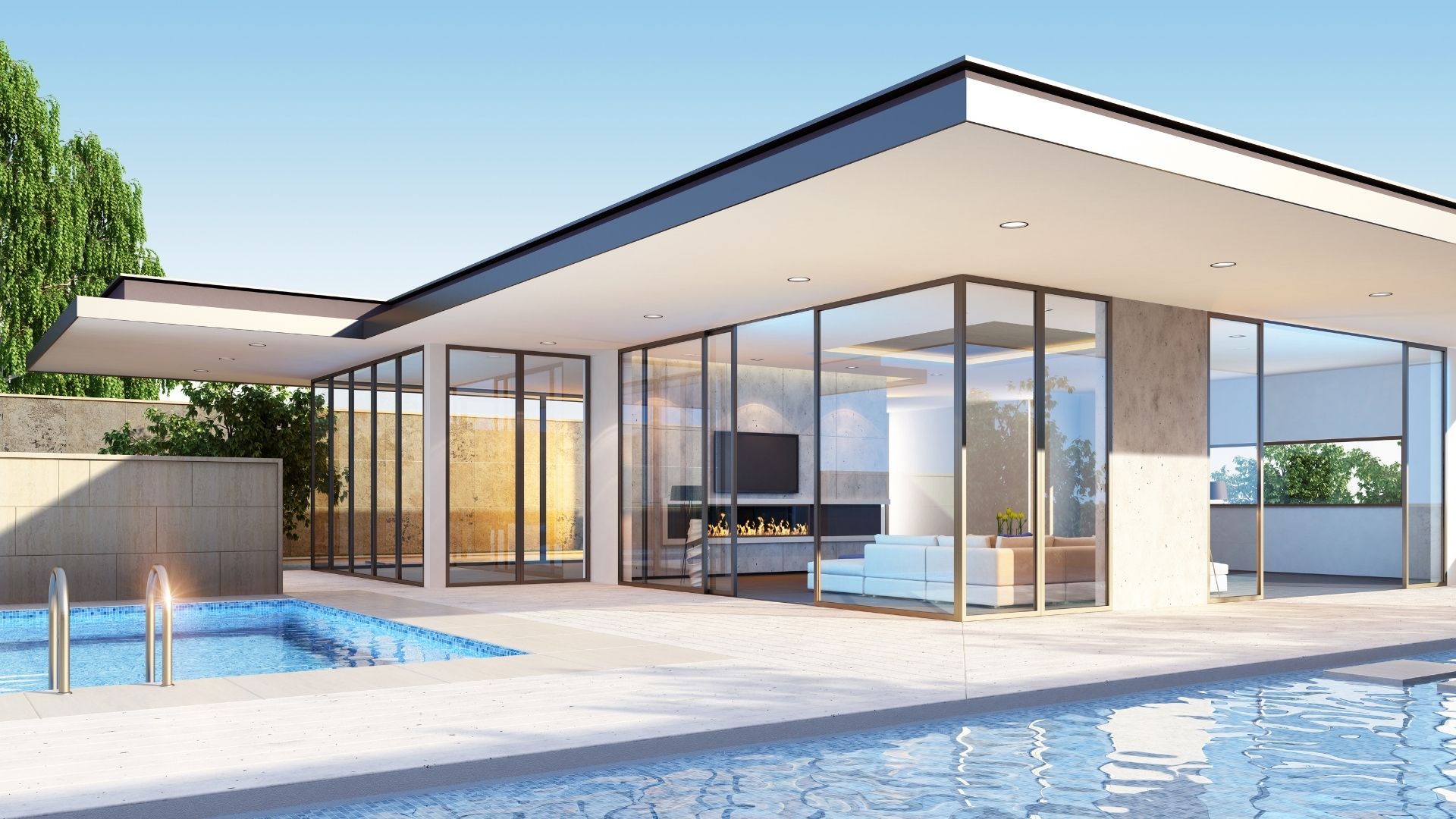 Modern luxury villa with large glass walls, a private swimming pool, outdoor deck, and minimalist interior on a sunny day.