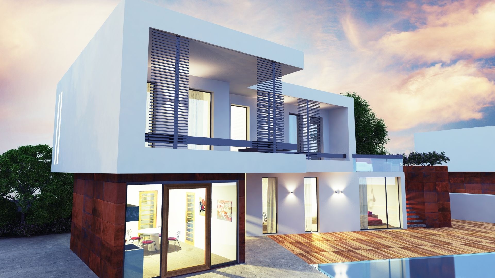 Modern luxury villa with large glass windows, wooden decking, and a pool at sunset, ideal for showcasing professional villa cleaning services.