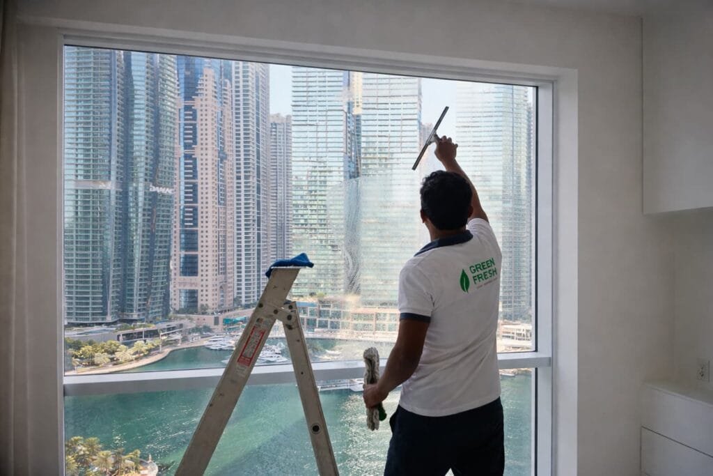 Residential deep cleaning service Dubai apartment including window glass cleaning by trained professionals.
