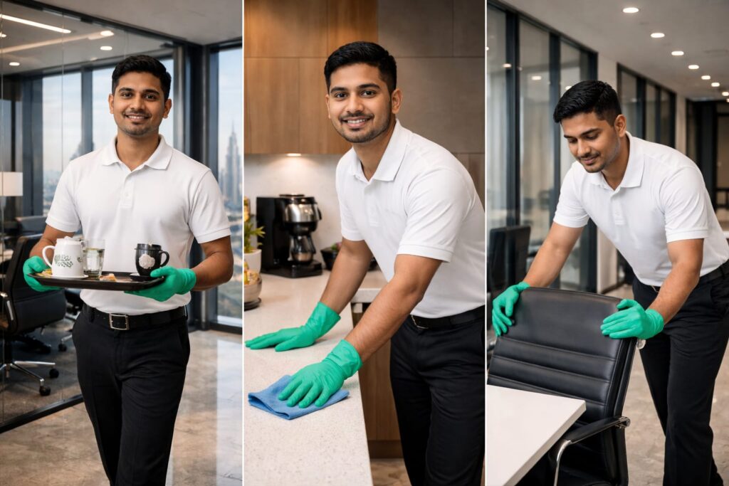 Office Boy Services while serving tea, cleaning tables, and setting furniture.