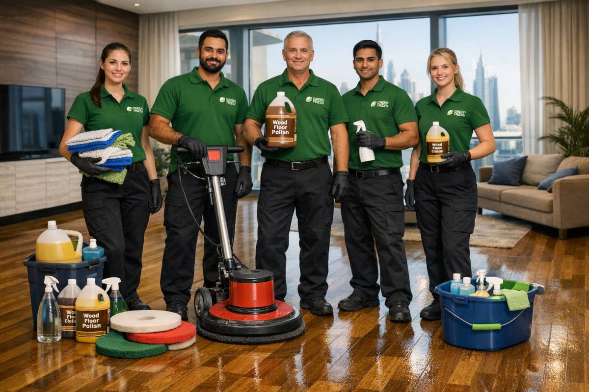 GREEN FRESH cleaning team wearing green polo shirts with logo while polishing wooden floors in a Dubai villa