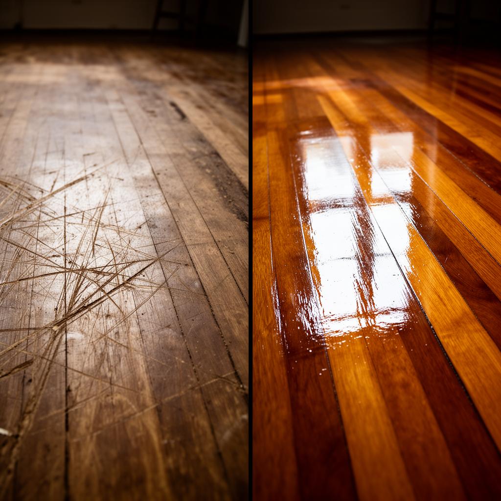 Before and after comparison of wooden floor restoration in Dubai showing scratched dull floor transformed to polished shiny surface
