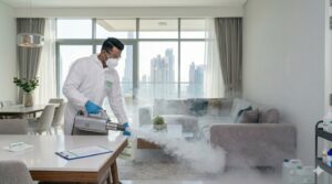 Professional COVID-19 disinfection service technician sanitizing apartment with fogging machine
