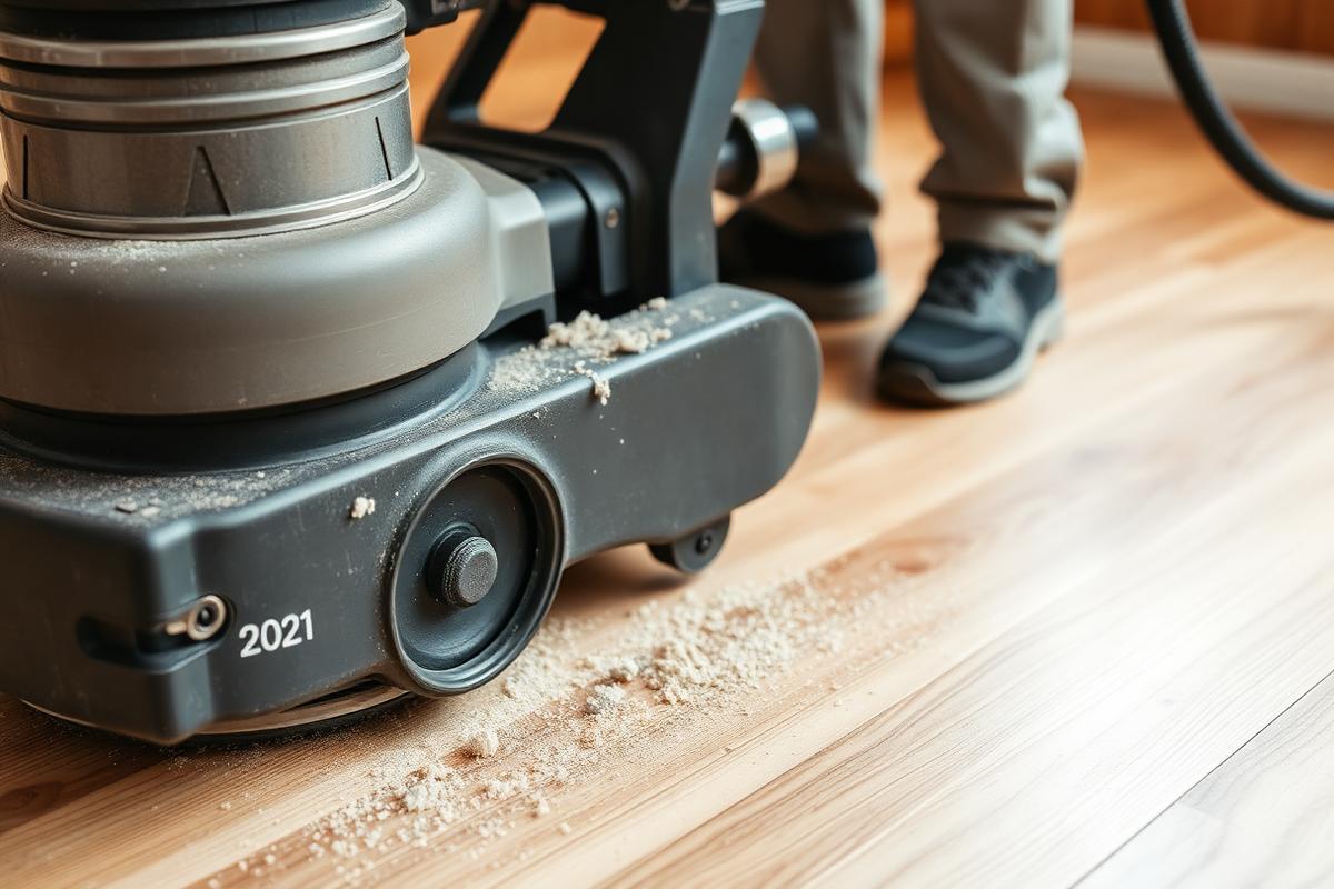 Professional wood floor sanding machine in action during wooden floor polishing Dubai service