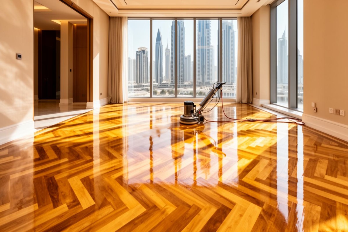 Wooden floor polishing in a modern Dubai apartment with herringbone parquet and city skyline view