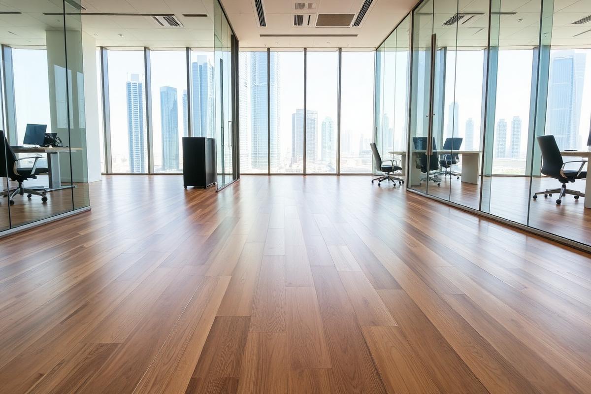 Wooden floor polishing inside a modern Dubai office workspace