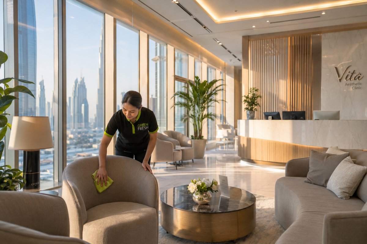 Waiting area and reception cleaning in a modern Dubai medical clinic