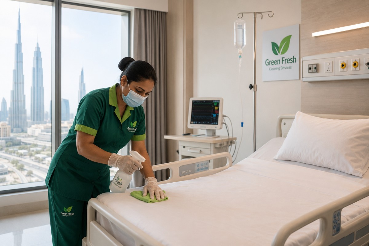 Patient room cleaning service in Dubai hospital by GREEN FRESH team
