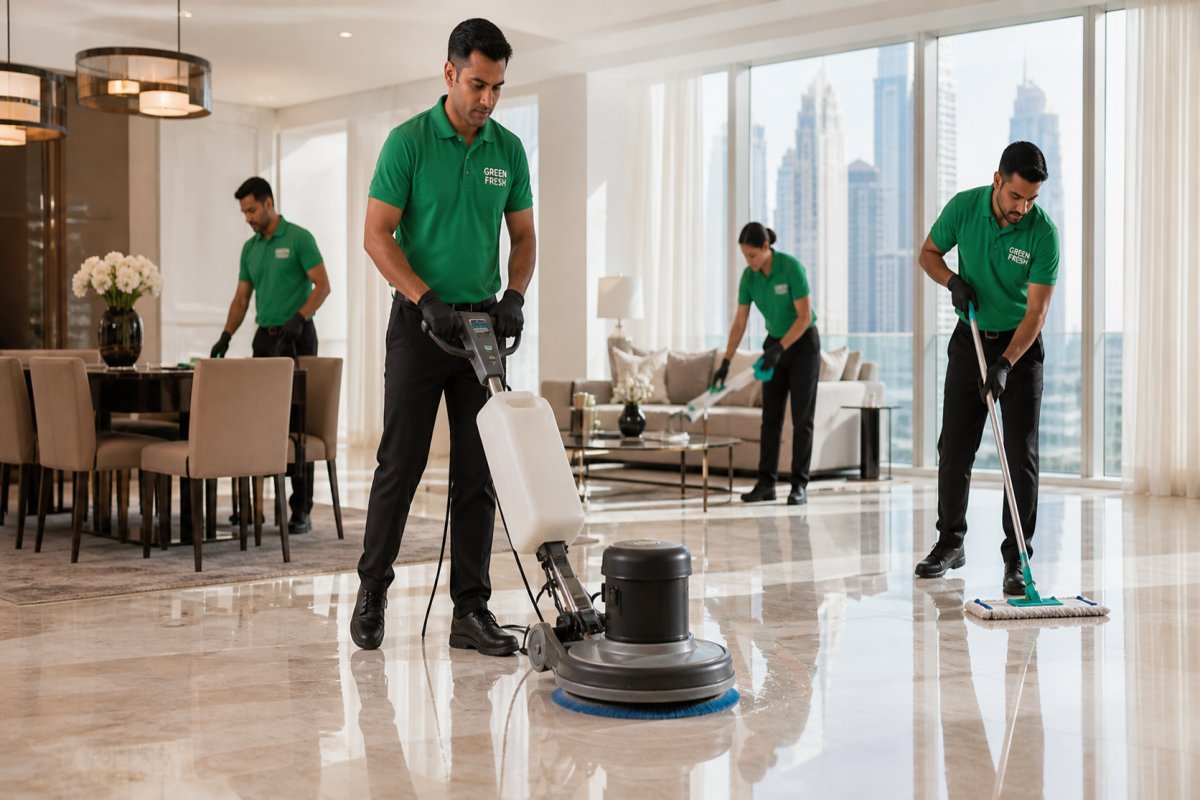 GREEN FRESH cleaning team performing floorcare services in a Dubai apartment
