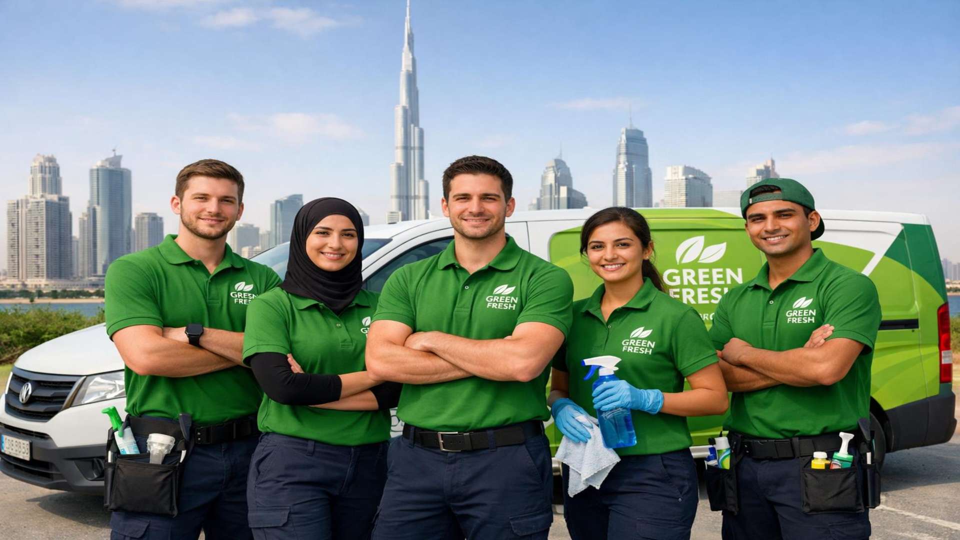 GREEN FRESH cleaning team in green polo shirts ready to provide floorcare services across Dubai