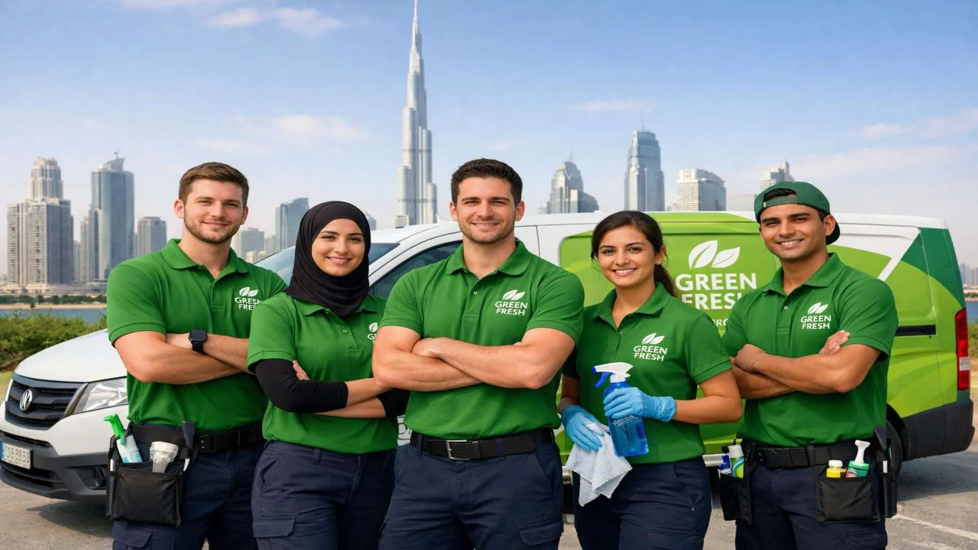 GREEN FRESH cleaning team in green polo shirts ready to provide floorcare services across Dubai