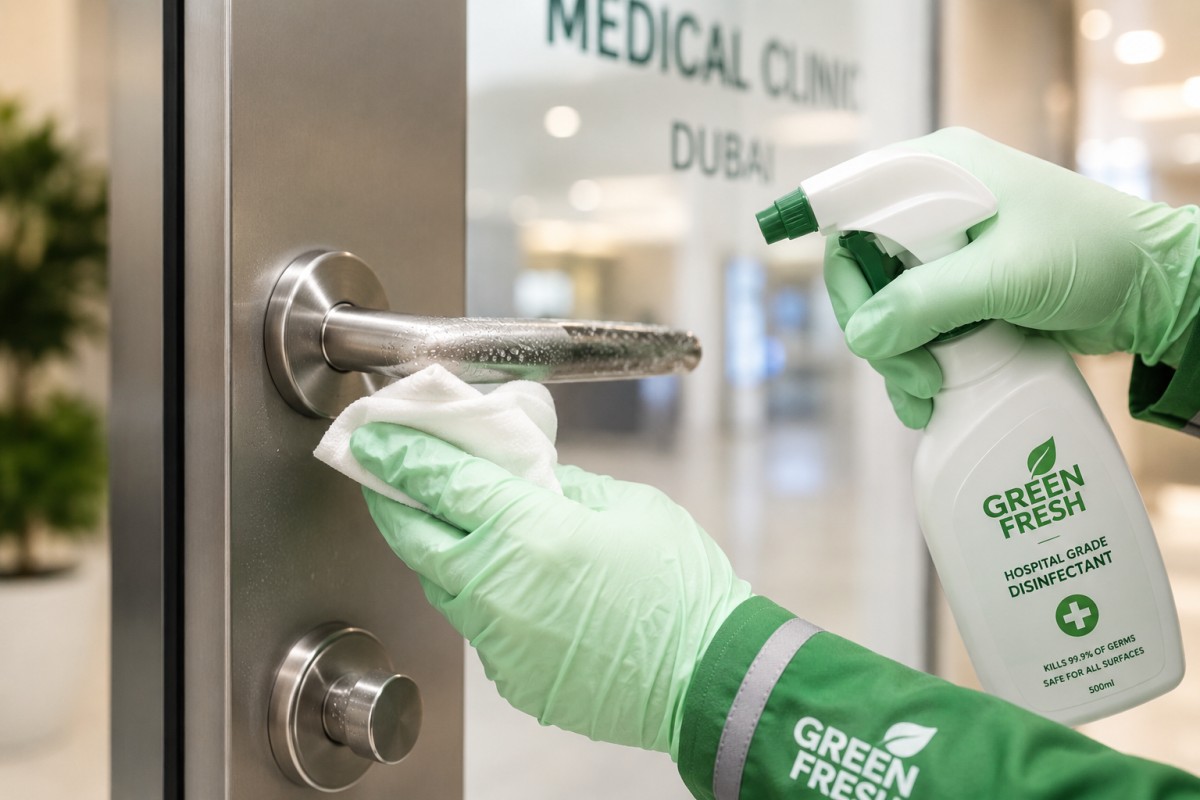 High-touch surface disinfection in Dubai hospital hallway by GREEN FRESH