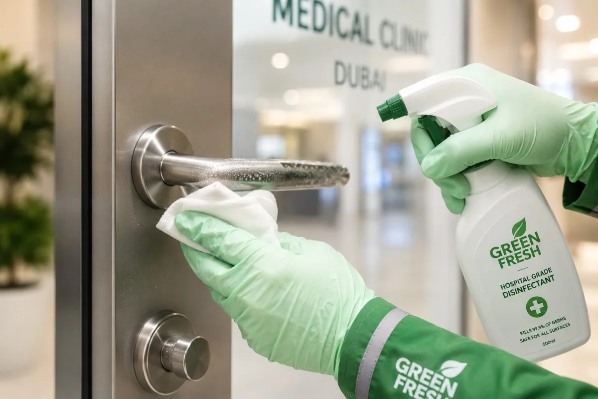 High-touch surface disinfection in Dubai hospital hallway by GREEN FRESH