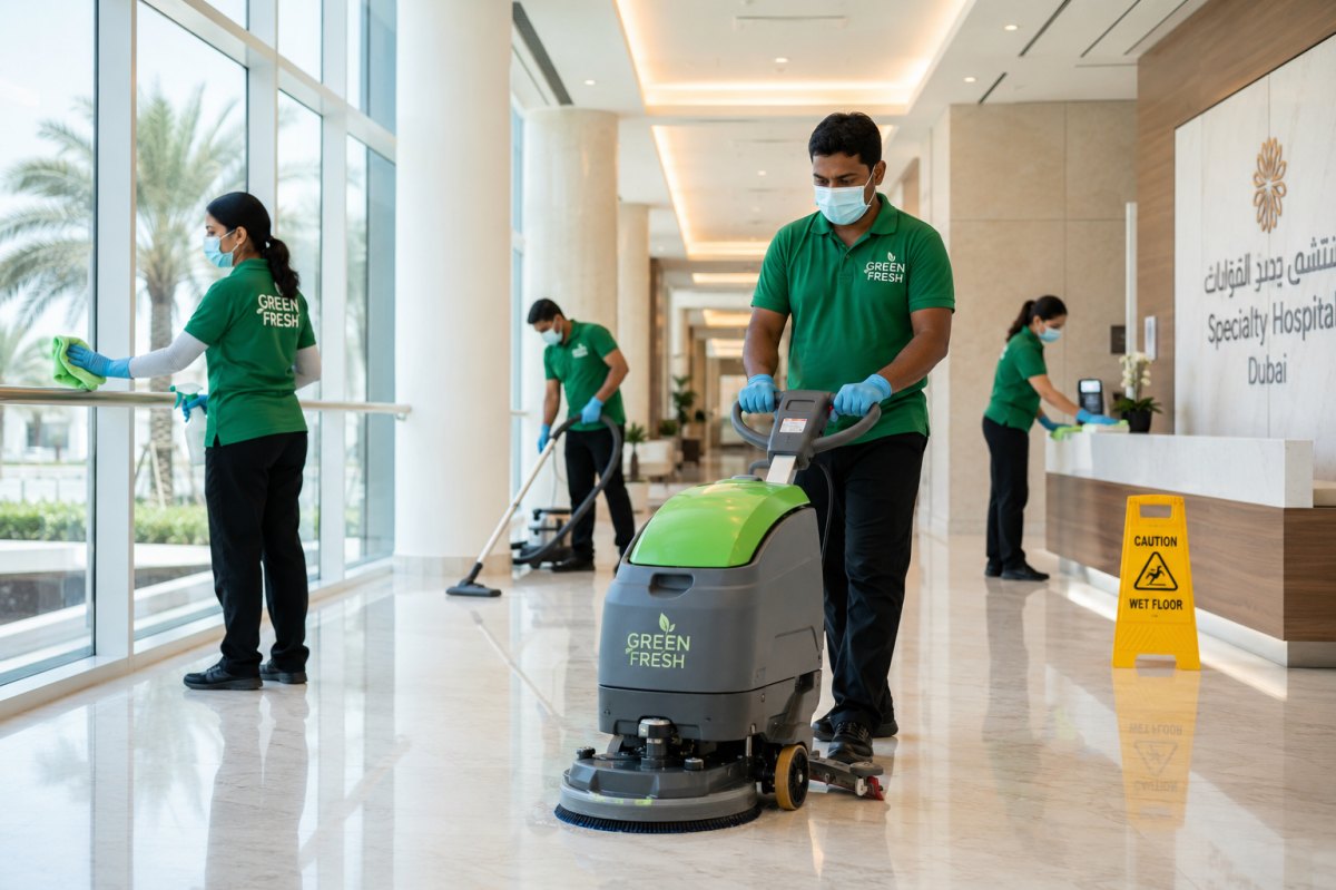GREEN FRESH healthcare cleaning team working in a Dubai hospital corridor