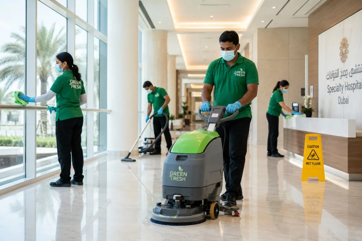 GREEN FRESH healthcare cleaning team working in a Dubai hospital corridor