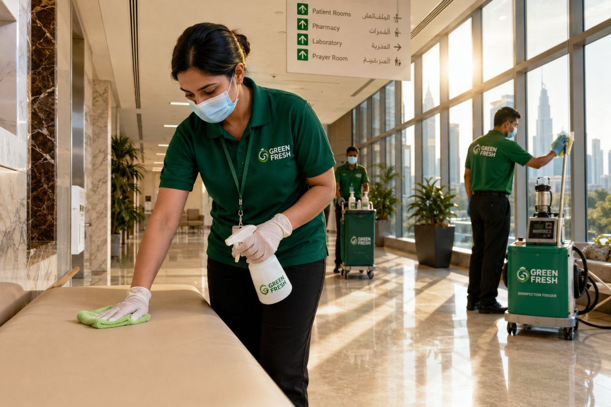 GREEN FRESH infection control cleaning process inside a Dubai healthcare facility