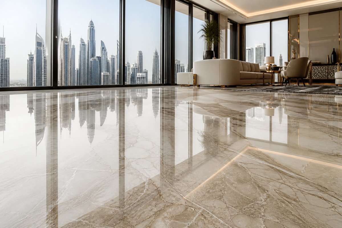 GREEN FRESH technician performing marble floor polishing in a Dubai luxury villa