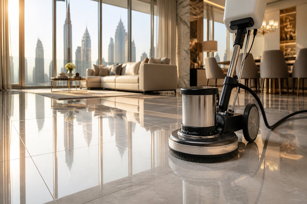 Tile and grout deep cleaning service by GREEN FRESH team member in a Dubai kitchen
