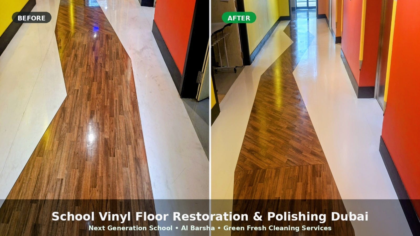 Next Generation School Vinyl Floor Polishing and restoration Project Dubai 1 School Vinyl Floor Polishing Dubai before and after at Next Generation School Al Barsha