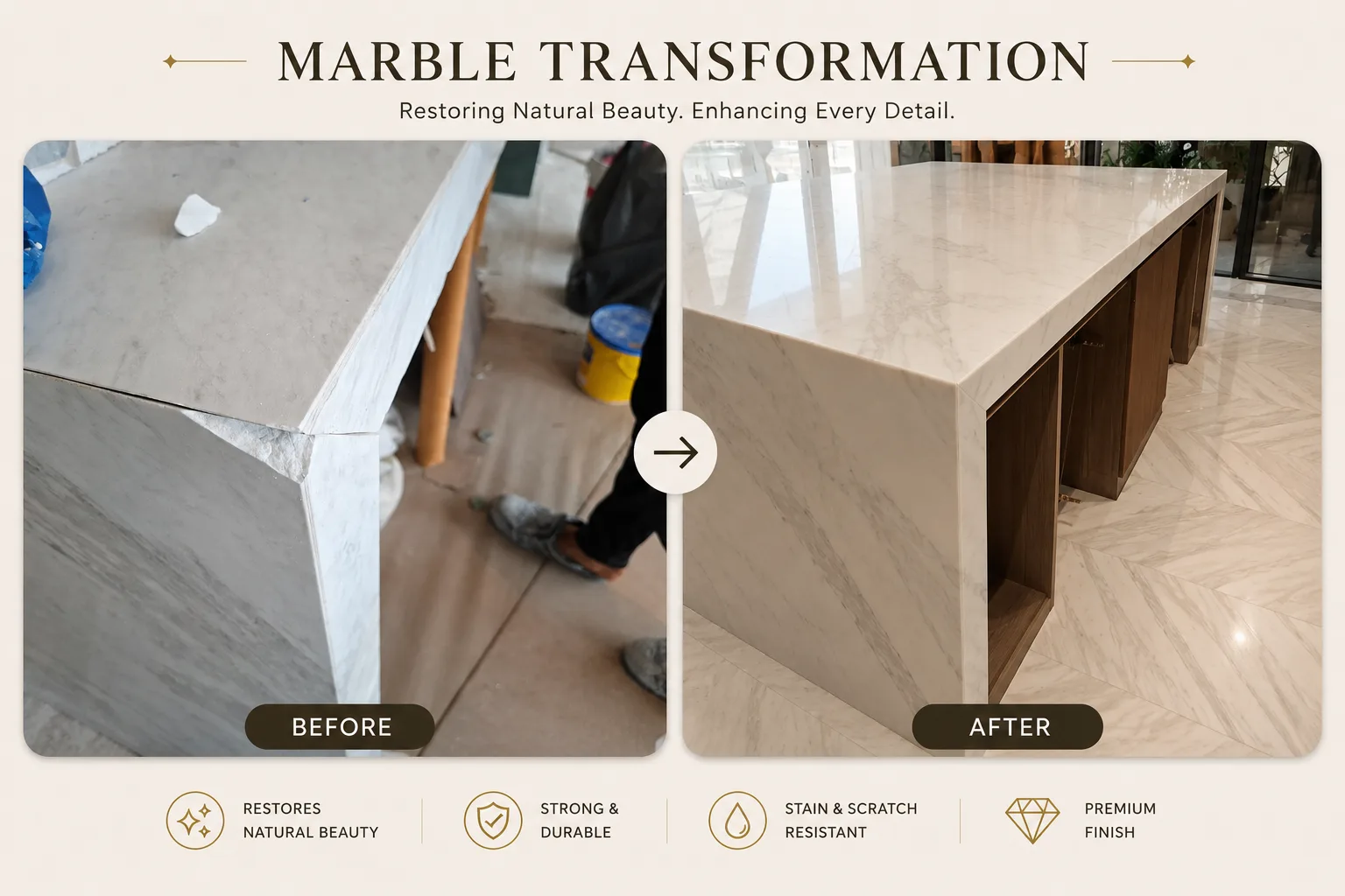 Marble floor polishing and restoration project in Dubai villa
