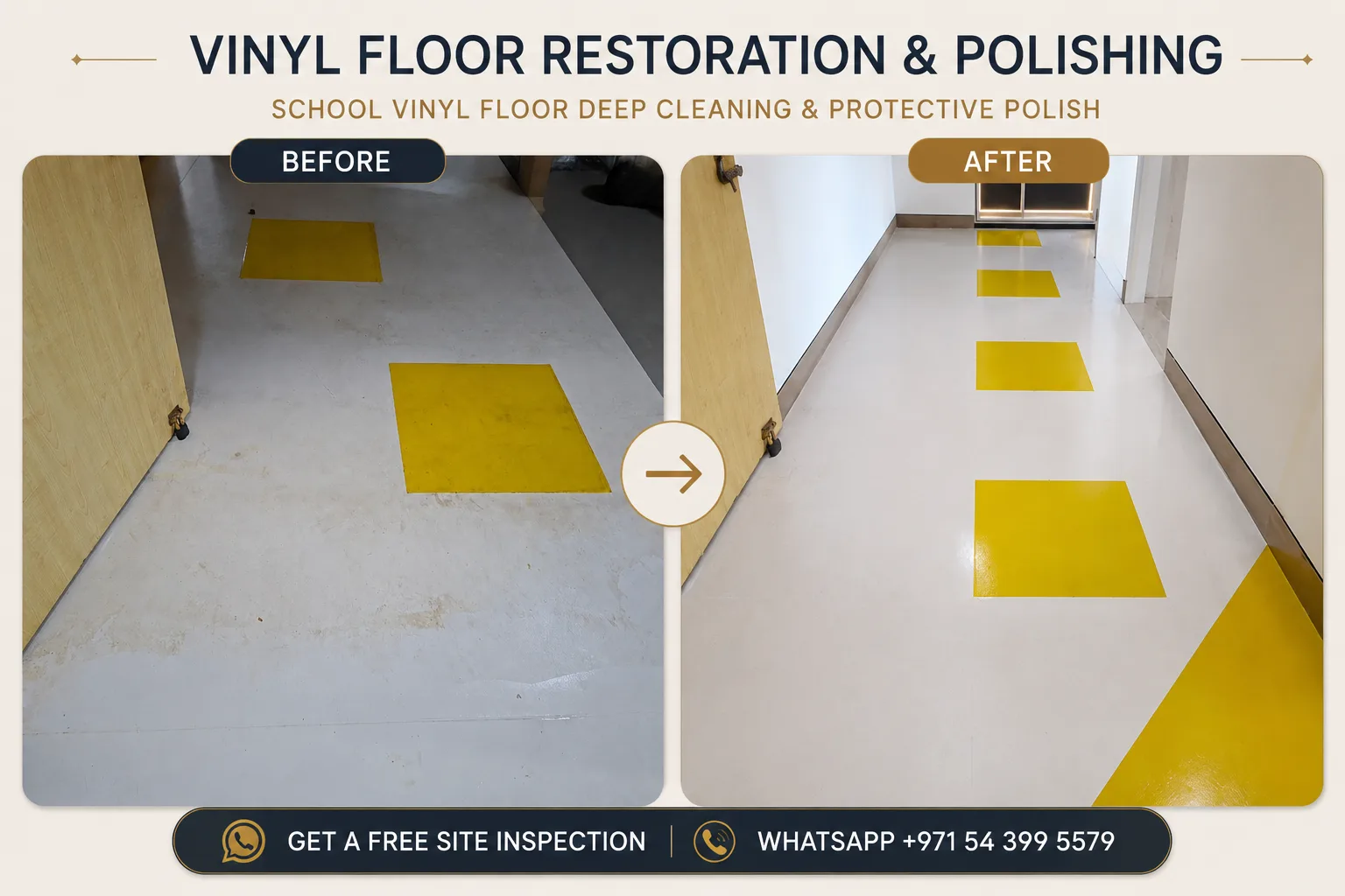 Before and after vinyl floor polishing at Next Generation School Dubai