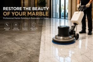 Before and after professional marble floor restoration in Dubai showing scratched marble transformed into a high-gloss polished finish.