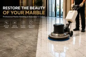 Before and after professional marble floor restoration in Dubai showing scratched marble transformed into a high-gloss polished finish.